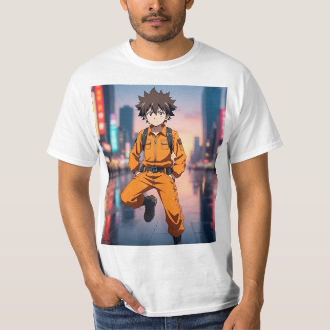 Camiseta Menino Anime com Roupa Laranja Ru (Frente)