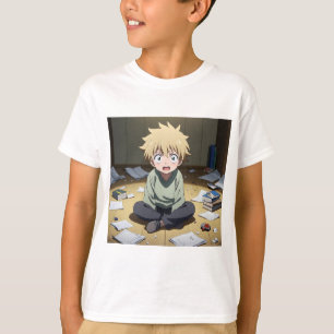 Camiseta Menino Anime Fofo Surpreso em Quarto Bagunçado – E
