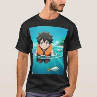 Camiseta Menino Anime Nadando no Oceano com Peixes – Fofo A