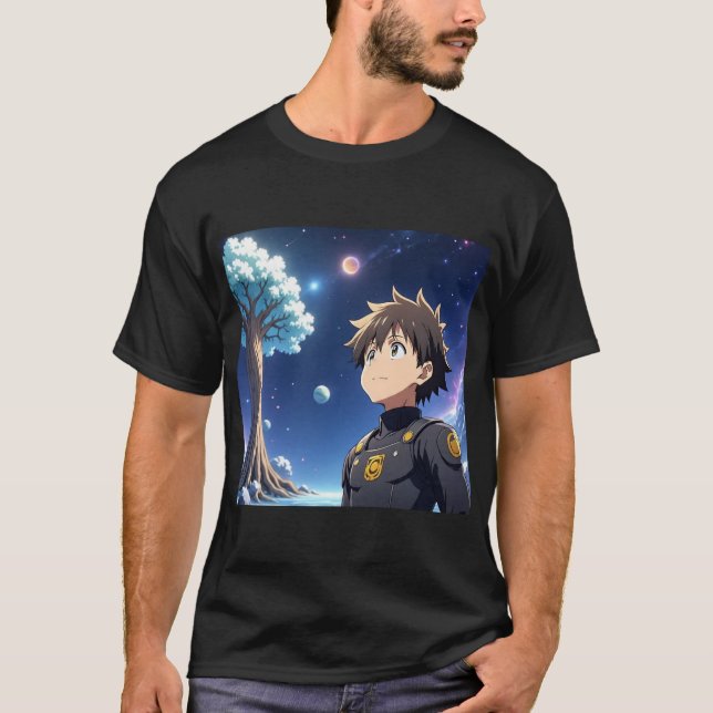 Camiseta Menino Anime sob o Céu Estrelado com Planetas – Fa (Frente)