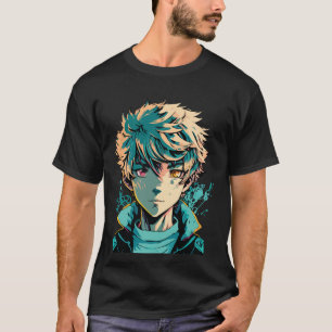Camiseta Menino de Anime: Cabelo Dourado, Olhos Rosa e Dour