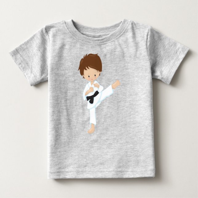 Camiseta Menino do Karatê, Menino Fofo, Cabelo Castanho, Fa (Frente)