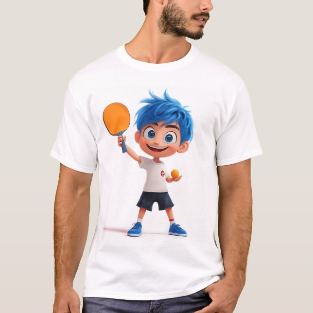 Camiseta Menino Fofo de Pingue-Pongue em 3D Jogando Tênis d (Frente)