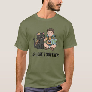 Camiseta Menino Gato Preto de Desenho Aventura Mapa Detalhe