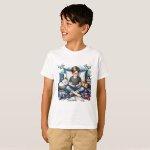 Camiseta Menino Lendo com Gatos em seu Quarto