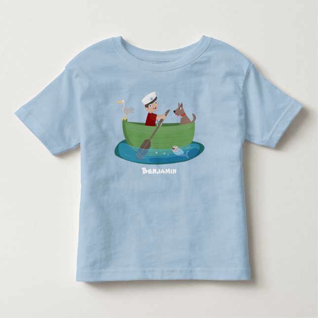 Camiseta Menino marinheiro fofo e cachorro remando barco de (Frente)