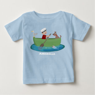 Camiseta Menino marinheiro fofo e cachorro remando barco de