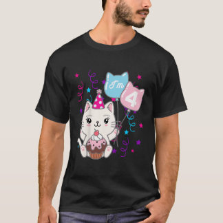 Camiseta Meninos 4ª Menina de Aniversário Gatinha