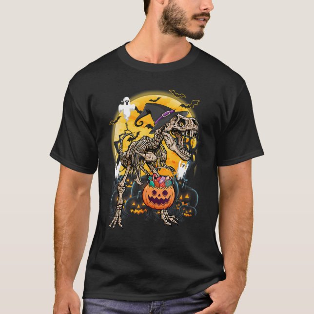 Camiseta Meninos das Halloween Dinossaur Skeleton rex Pumpk (Frente)