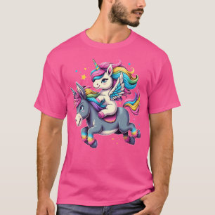 Camiseta Meninos Meninas Unicórnio Montando Burro Arco-íris