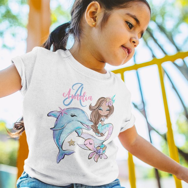 Camiseta Meninos Personalizados da Sereia Marrom Nome Menin (Brown Mermaid Custom Kids Name Pink Girl T-Shirt
)