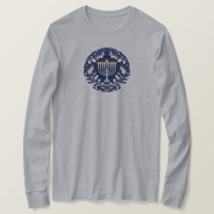 Camiseta Menorá Azul-Marinho Fundo Padrão William Morris
