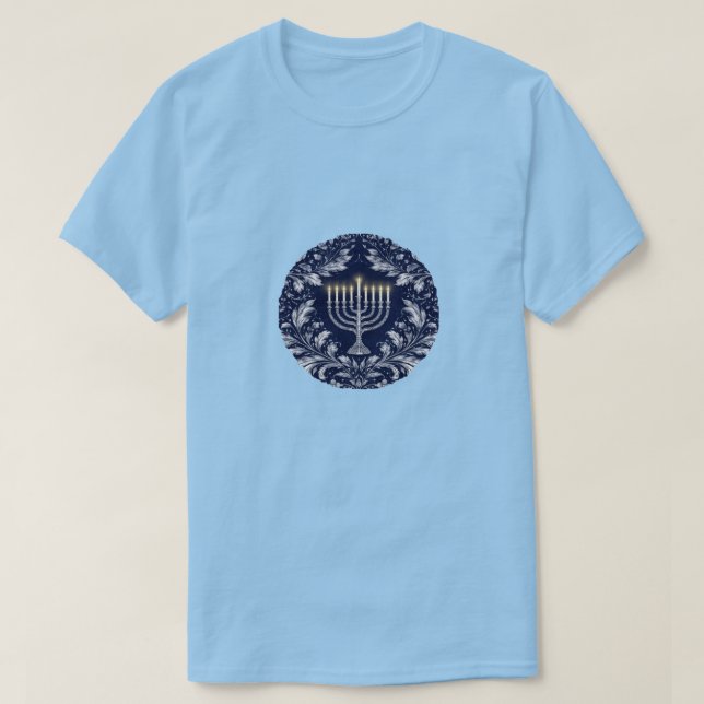 Camiseta Menorá Azul-Marinho Profundo Padrão William Morris (Frente do Design)