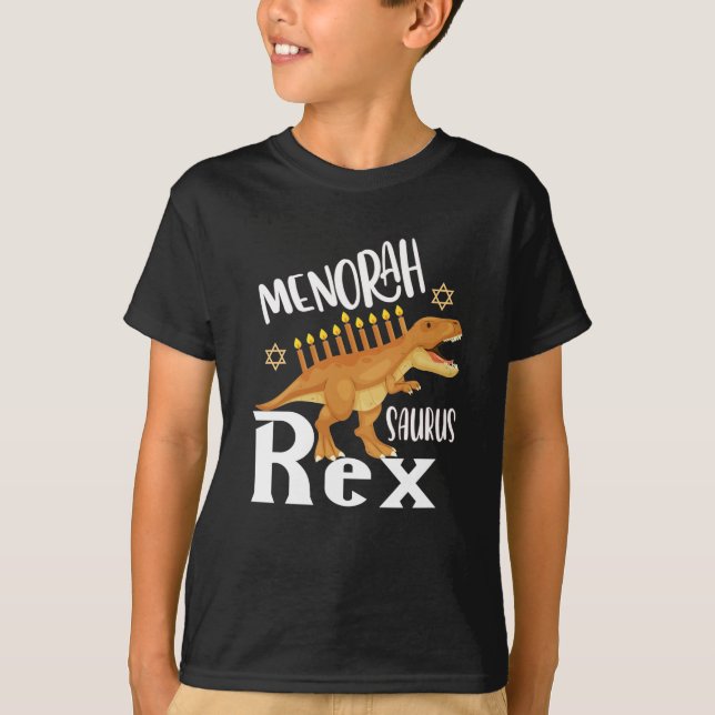 Camiseta Menorah Saurus T-Rex Happy Hanukkah Dinossaur (Frente)