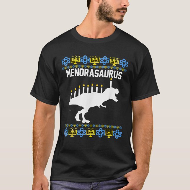 Camiseta Menorasaurus Rex Para Crianças Hanukkah Dinossauro (Frente)