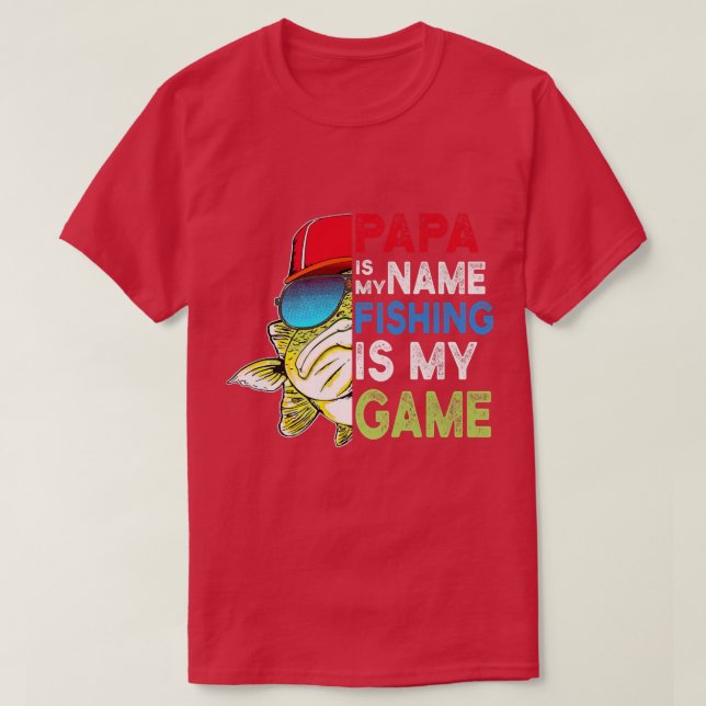 Camiseta Mens Engraçado Papá Meu Nome Pesca É Meu Jogo (Frente do Design)