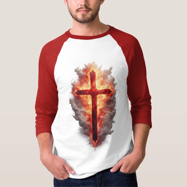 Camiseta Men's Flaming Christian Cross Baseball Tee (Frente)