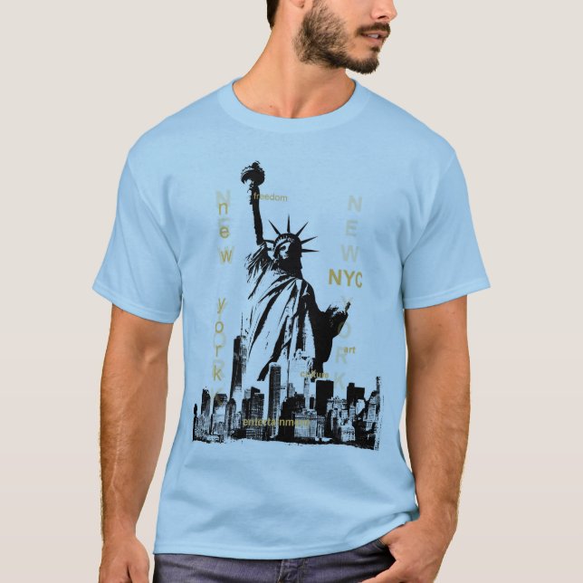 Camiseta Mens Light Blue Nyc Liberty Estátua Manhattan (Frente)