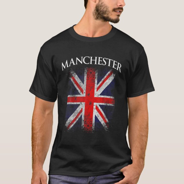 Camiseta Mens Manchester Vintage Retro British Flag Engraça (Frente)