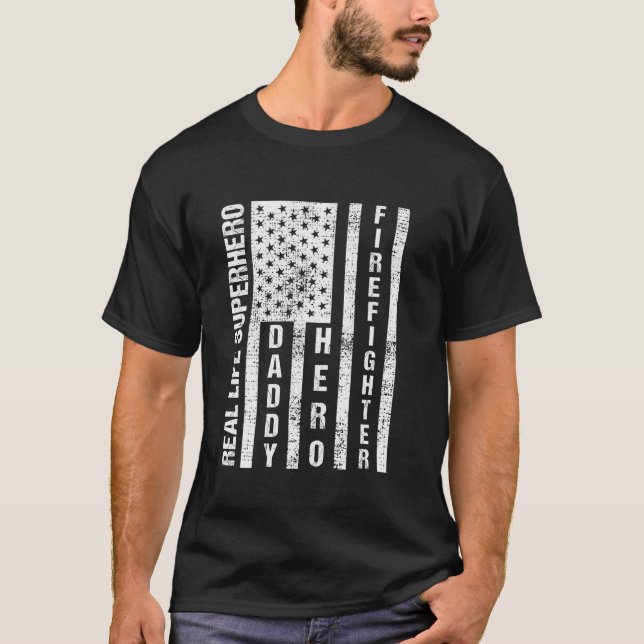 Camiseta Mens Marido Pai Herói Bombeiros Dia do Padre Gif (Frente)