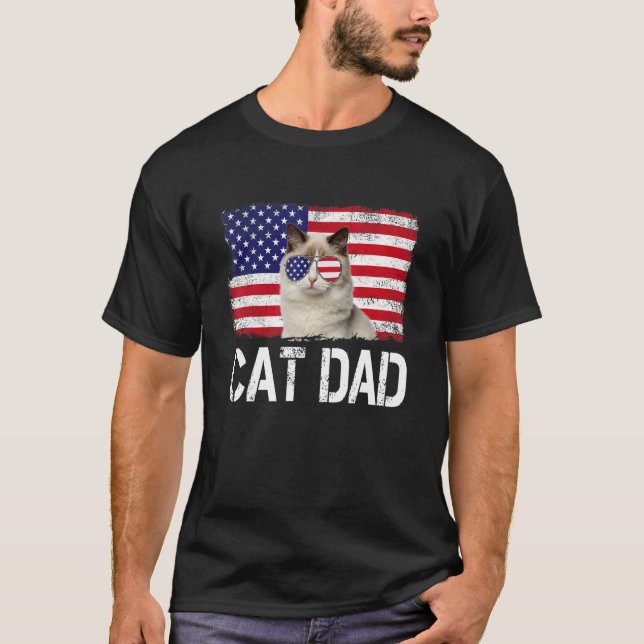 Camiseta Mens Mens Cat Pai Nos Bandeira 4 De Julho Patrióti (Frente)