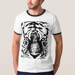 Camiseta Mens Moderno Ringer Preto e Branco Tigre Face