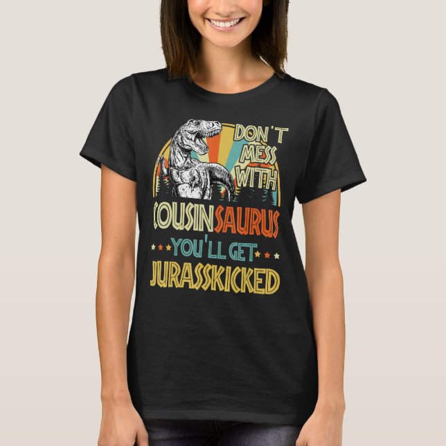 Camiseta Mens Retro Cousinsaurus Dinossaur Rex Vintage Fath (Frente)