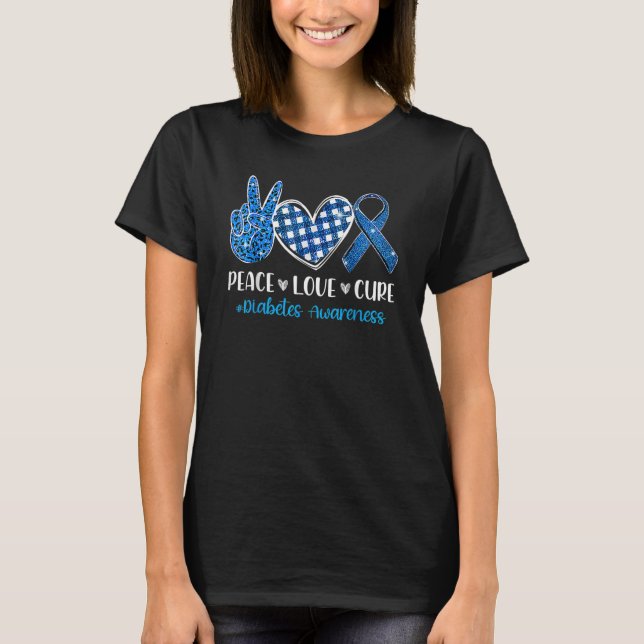 Camiseta Mens Support Peace Love Cure Grey Blue Ribbon Diab (Frente)