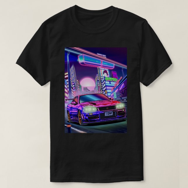 Camiseta Mens Womens Nissan Skyline Gt-R R34 Vaporwave (Frente do Design)