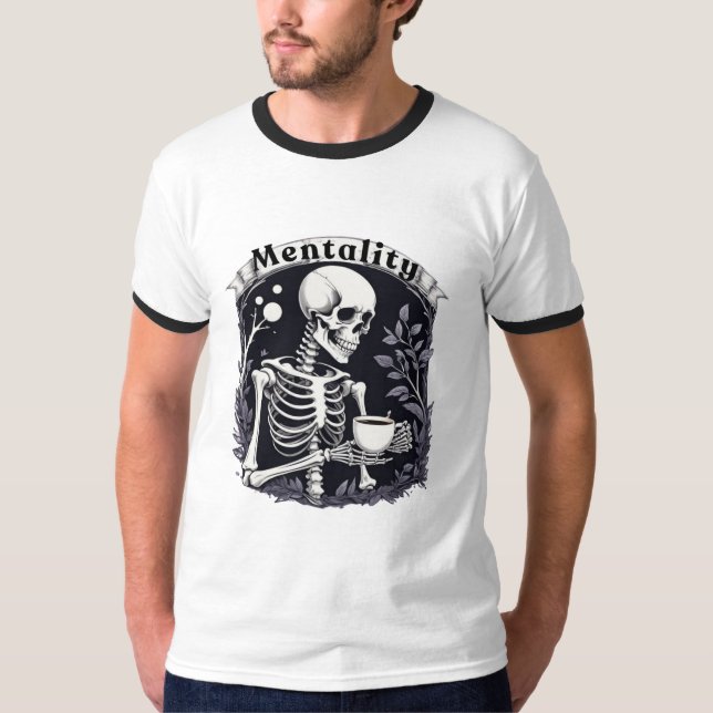 Camiseta Mentalidade do esqueleto do Bebendo de café (Frente)
