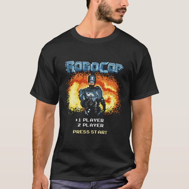 Camiseta Menu Iniciar Jogo Robocop Retrato Pixelado (Frente)