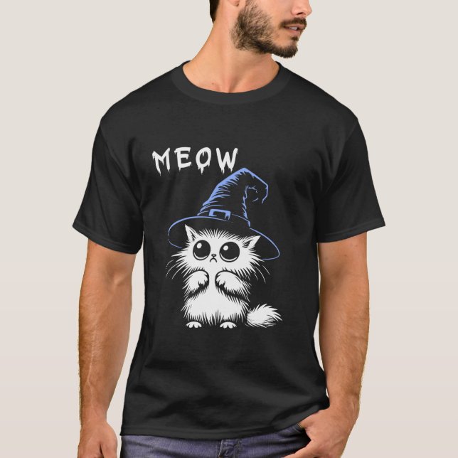 Camiseta Meow Halloween Black Witch Cat Hat Para Meninas (Frente)
