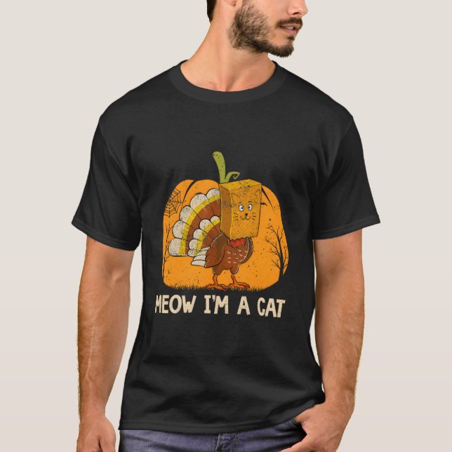 Camiseta Meow I'M A Cat Thanksgiving Pumpkin Turkey Face Ca (Frente)