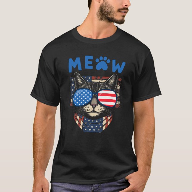 Camiseta Meow Patriótico Funny Cat 4 de julho (Frente)