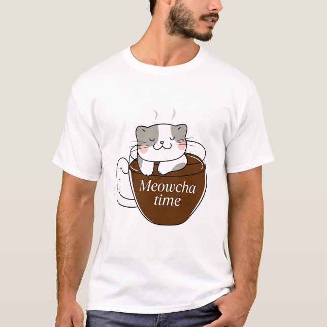 Camiseta Meowcha Time Cat na Design da Taça de Café (Frente)