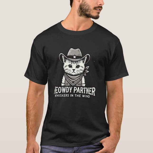 Camiseta Meowdy Parceiro Bigodes Ao Vento Cowboy Fofo Ca (Frente)