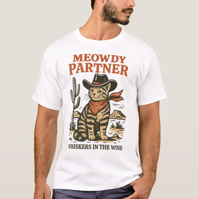 Camiseta Meowdy Parceiro – Design Ocidental de Gato Caubói  (Frente)