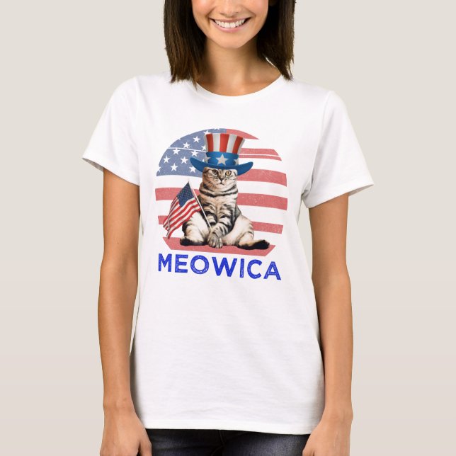 Camiseta Meowica 4º De Julho Gato Americano Patriótico (Frente)