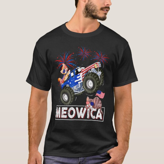Camiseta Meowica 4 de julho Gata Monstro Caminhões American (Frente)