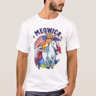 Camiseta Meowica 4 De Julho Gato A Andar Na Unicórnio Meri