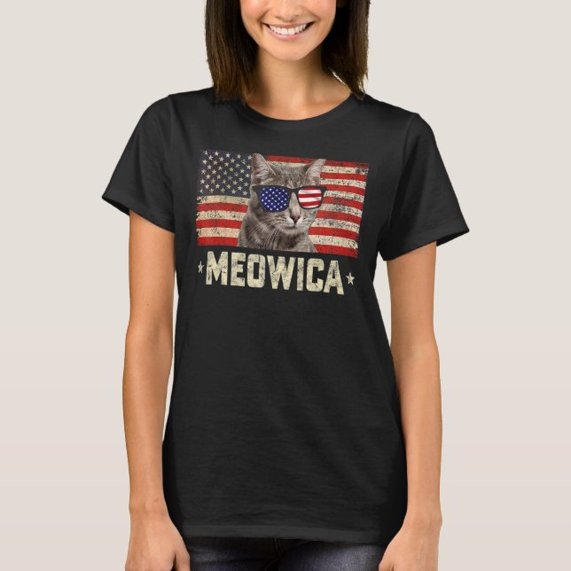 Camiseta Meowica Cat 4º De Julho Patriótico Eua Ameri (Frente)