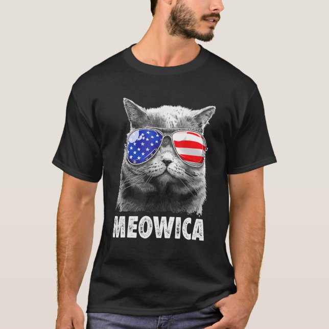 Camiseta Meowica Cat 4 De Julho Merica Men Women Usa Americ (Frente)