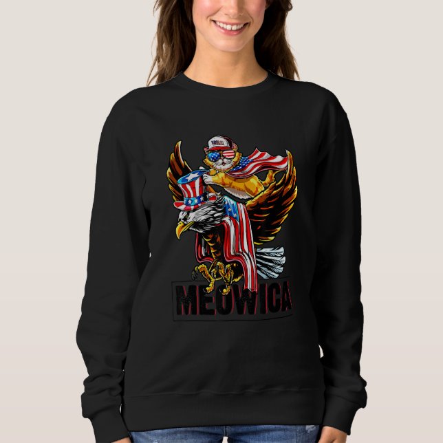 Camiseta Meowica Cat Bald Eagle 4 De Julho Patriótico Ameri (Frente)
