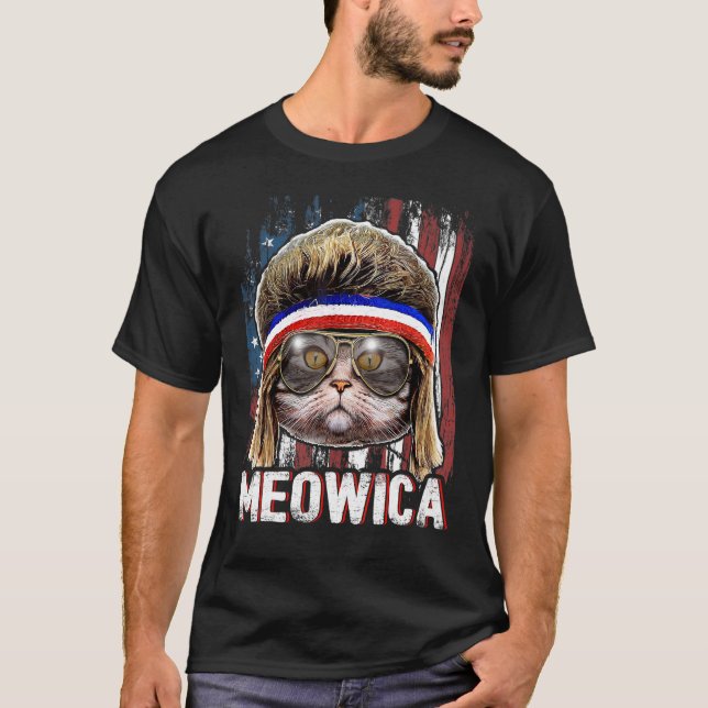 Camiseta Meowica Cat Mullet American Flag Patriótica 4º (Frente)