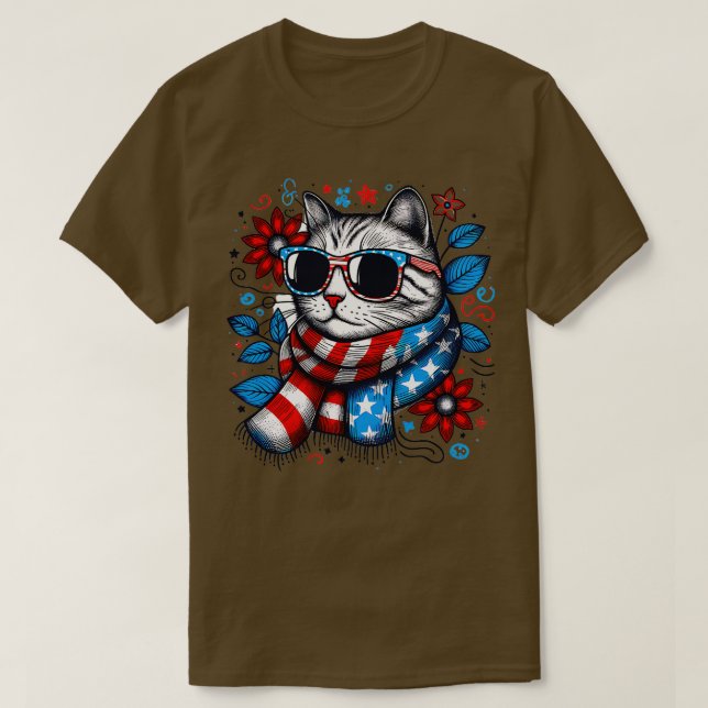 Camiseta meowica cat Sunglass bandeira americana 4 de julho (Frente do Design)