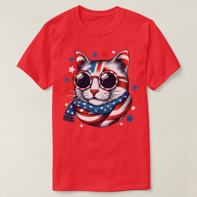 Camiseta meowica cat Sunglass bandeira americana 4 de julho (Frente do Design)