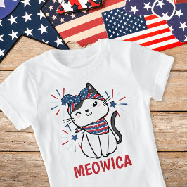 Camiseta "Meowica" Cat Vermelho, Branco e Azul