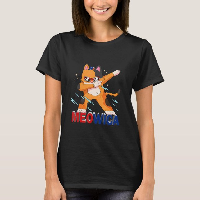 Camiseta Meowica Pet Cat 4 De Julho Patriótico Americano Pr (Frente)