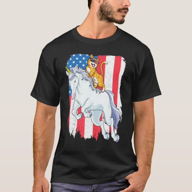 Camiseta Meowica Unicórnio Gato 4 De Julho Patriótico Ameri (Frente)