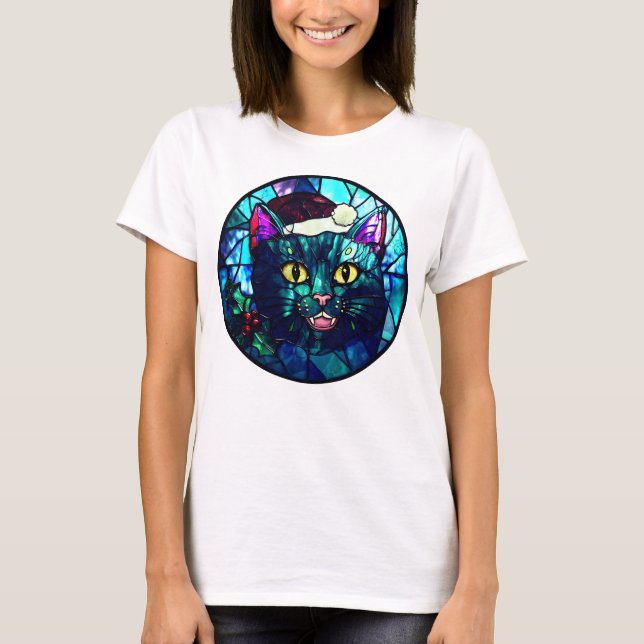 Camiseta Meowing Stained-Glass Christmas Black Cat (Frente)